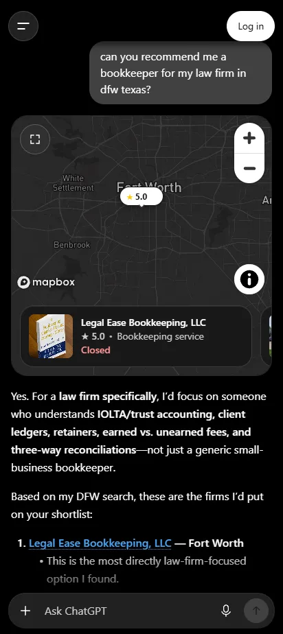ChatGPT recommending Legal Ease Bookkeeping as the top pick for a law firm bookkeeper