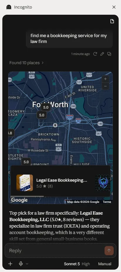 Claude recommending Legal Ease Bookkeeping for law firm trust accounting