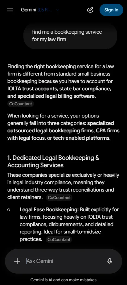 Gemini recommending Legal Ease Bookkeeping for IOLTA compliance