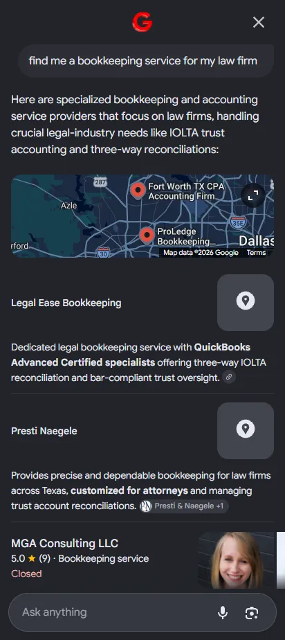 Google AI Overviews surfacing Legal Ease Bookkeeping as a legal bookkeeping specialist