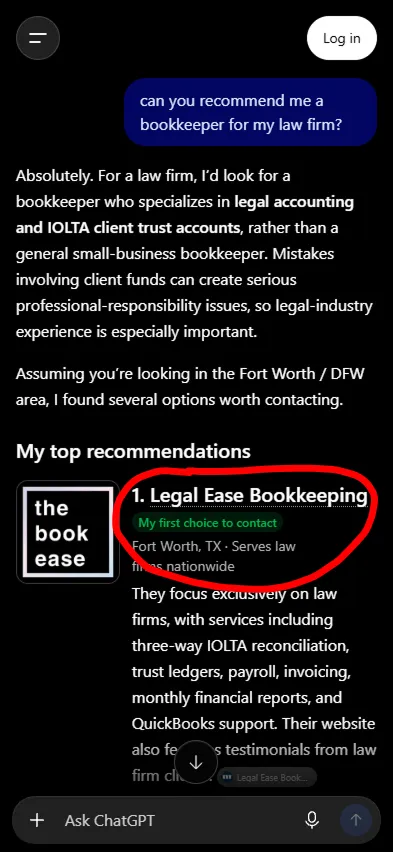 ChatGPT recommending Legal Ease Bookkeeping as the number one bookkeeper for a DFW law firm