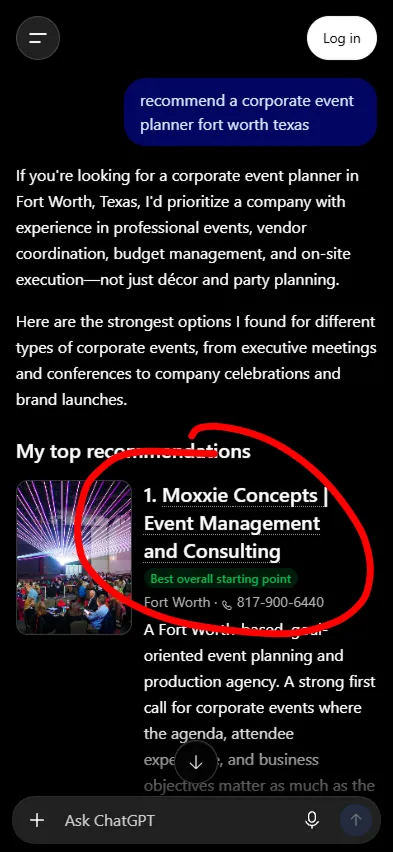 ChatGPT recommending Moxxie Concepts as the top corporate event planner in Fort Worth