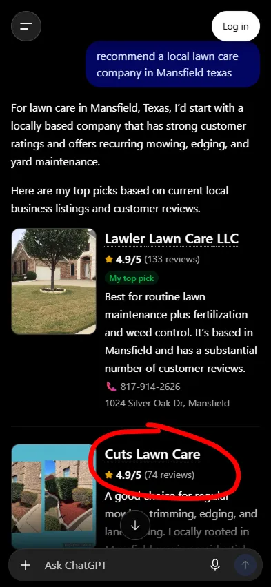 ChatGPT recommending Cuts Lawn Care for lawn care in Mansfield, Texas