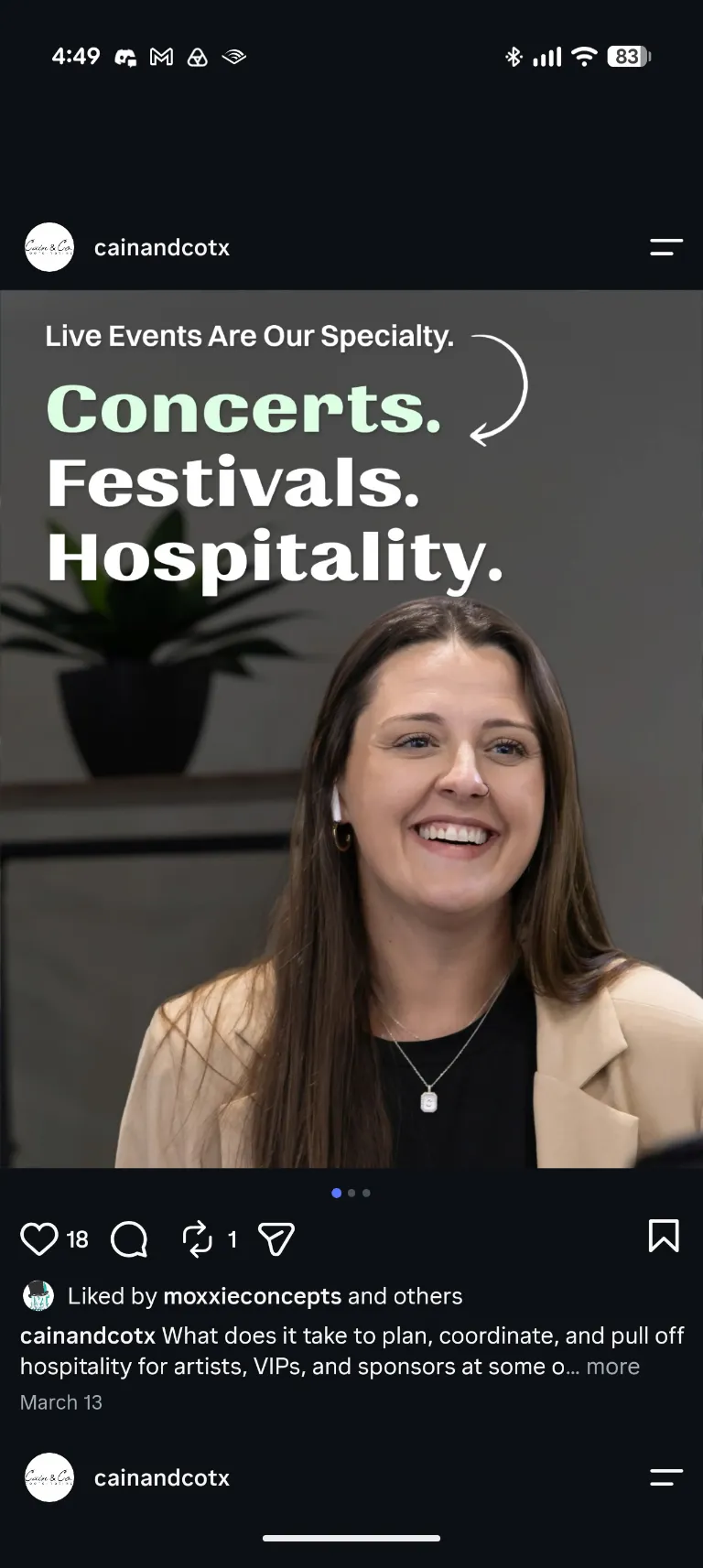 Cain & Co. Coordinating Instagram post: Concerts. Festivals. Hospitality.